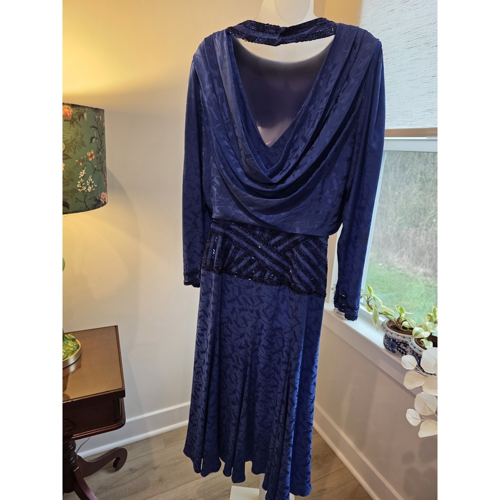 Vintage 80s Satin Print Royal Blue Maxi Cocktail Dress Open Back Sz.8/10 (M) - Picture 4 of 15
